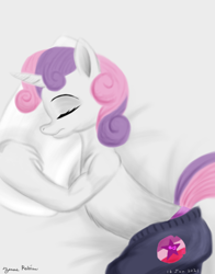 Size: 1100x1400 | Tagged: safe, artist:rockhoppr3, derpibooru import, sweetie belle, anthro, semi-anthro, unicorn, clothes, cutie mark, cutie mark on clothes, eyes closed, lying down, pajamas, panties, pants, partial nudity, pillow, sleeping, solo, topless, we don't normally wear clothes