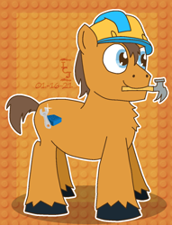 Size: 950x1242 | Tagged: safe, artist:icecreamjaxxie, derpibooru import, earth pony, pony, brick, builderman, chest fluff, crossover, hammer, hard hat, hat, male, mouth hold, ponified, roblox, smiling, solo, stallion, wrench