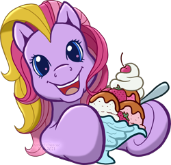 Size: 1814x1746 | Tagged: safe, artist:anscathmarcach, derpibooru import, triple treat, g3, cherry, chocolate syrup, commission, fanart, food, ice cream, simple background, spoon, strawberry, sundae