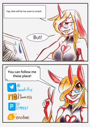 Size: 1240x1754 | Tagged: safe, artist:ero-bee, derpibooru import, oc, oc only, anthro, unicorn, 2 panel comic, boob window, bracelet, bust, clothes, comic, computer, eyelashes, female, glasses, hair over one eye, horn, jewelry, open mouth, peace sign, smiling, talking, tumblr 2018 nsfw purge, unicorn oc