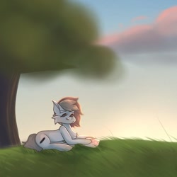 Size: 1000x1000 | Tagged: safe, artist:neonbugzz, derpibooru import, oc, oc only, earth pony, pony, cloud, earth pony oc, eyes closed, lying down, outdoors, prone, smiling, solo, tree
