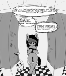 Size: 1200x1382 | Tagged: safe, artist:owlnon, derpibooru import, oc, oc:miss eri, comic:drowning lessons, bag, but why, monochrome, saddle bag, toilet