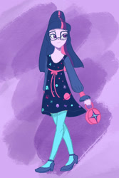 Size: 1024x1536 | Tagged: safe, artist:pettypop, derpibooru import, sci-twi, twilight sparkle, equestria girls, clothes, dress, glasses, handbag, planet, shoes, solo, stars, stockings, thigh highs