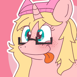 Size: 750x750 | Tagged: safe, artist:icecreamjaxxie, derpibooru import, oc, oc only, oc:mille feuille, pony, unicorn, back freckles, blushing, cute, freckles, glasses, hat, icon, silly, smiling, solo, tongue out