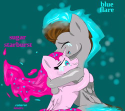 Size: 547x486 | Tagged: safe, artist:@cameron, derpibooru import, oc, oc:blue flare, oc:sugar starburst, alicorn, pegasus, pony, brother and sister, crying, female, glowing mane, glowing tail, hug, male, normal background, siblings, smiling, stars, wavy mane