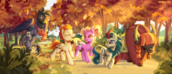 Size: 2028x878 | Tagged: safe, artist:nancy-05, derpibooru import, gallop j. fry, georgia (character), luster dawn, earth pony, griffon, kirin, pony, unicorn, yak, the last problem, autumn, cloven hooves, eyes closed, female, flying, history repeats itself, male, mare, nose piercing, nose ring, older gallop j. fry, open mouth, piercing, river song (character), running of the leaves, scenery, smiling, spread wings, stallion, tree, wings, yelena