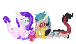 Size: 1280x744 | Tagged: safe, artist:kittypaintyt, derpibooru import, oc, oc:calamity, oc:lyla, draconequus, dracony, dragon, hybrid, pony, blushing, cupcake, deviantart watermark, fangs, female, food, hoof on cheek, interspecies offspring, lying down, male, obtrusive watermark, oc x oc, offspring, offspring shipping, parent:discord, parent:princess celestia, parent:rarity, parent:spike, parents:dislestia, parents:sparity, prone, shipping, simple background, transparent background, vector, watermark