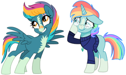 Size: 1280x761 | Tagged: safe, artist:venomous-cookietwt, derpibooru import, oc, oc only, pegasus, pony, unicorn, female, glasses, horn, mare, offspring, parent:rainbow dash, parent:sunburst, parents:rainbowburst, pegasus oc, simple background, transparent background, unicorn oc, vector, wings