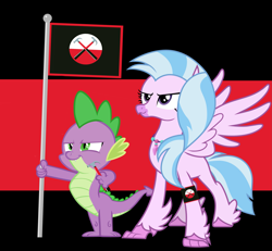 Size: 4875x4497 | Tagged: safe, artist:memnoch, artist:sonofaskywalker, derpibooru import, edit, silverstream, spike, dragon, hippogriff, female, flag, hammer, male, pink floyd, shipping, spikestream, straight, the wall, vector, vector edit, waiting for the worms