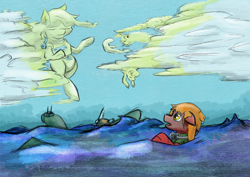 Size: 7016x4961 | Tagged: safe, artist:khaki-cap, derpibooru import, oc, oc only, earth pony, pegasus, unicorn, cloud, cloudy, digital art, flying, looking up, ocean, pilot, plane, sad, survivor, wave, wreckage