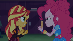 Size: 1334x750 | Tagged: safe, derpibooru import, screencap, pinkie pie, sunset shimmer, better together, equestria girls, sunset's backstage pass!, churros, food