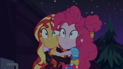 Size: 1334x750 | Tagged: safe, derpibooru import, screencap, pinkie pie, sunset shimmer, better together, equestria girls, sunset's backstage pass!, churros, food, hug, scared