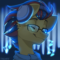 Size: 1500x1500 | Tagged: safe, artist:trickate, derpibooru import, oc, oc only, oc:soundwave, pony, bust, headphones, solo