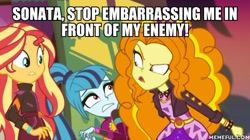 Size: 600x337 | Tagged: safe, derpibooru import, edit, edited screencap, screencap, adagio dazzle, sonata dusk, sunset shimmer, better together, equestria girls, sunset's backstage pass!, caption, geode of empathy, image macro, impact font, magical geodes, memeful.com, text