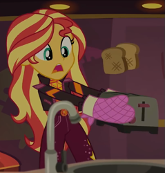 Size: 565x592 | Tagged: safe, derpibooru import, screencap, sunset shimmer, better together, equestria girls, sunset's backstage pass!, bread, cropped, food, solo, toast, toaster