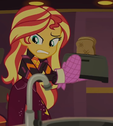 Size: 518x579 | Tagged: safe, derpibooru import, screencap, sunset shimmer, equestria girls, equestria girls series, sunset's backstage pass!, spoiler:eqg series (season 2), bread, cropped, food, solo, toast, toaster