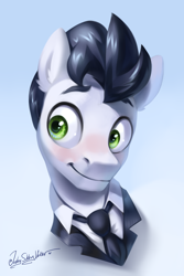 Size: 2000x3000 | Tagged: safe, artist:jedayskayvoker, derpibooru import, oc, oc only, oc:swing rhythm, pony, bust, gradient background, icon, male, patreon, portrait, smiling, solo, stallion