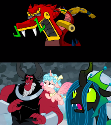 Size: 888x1000 | Tagged: safe, derpibooru import, edit, edited screencap, screencap, cozy glow, lord tirek, queen chrysalis, changeling, changeling queen, pegasus, pony, the ending of the end, homestar runner, mecha-trogador, spoilers for another series, stinkoman 20x6