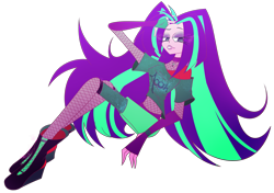 Size: 2893x2032 | Tagged: safe, artist:mywasasi, derpibooru import, aria blaze, siren, equestria girls, boots, clothes, evening gloves, eyeshadow, fingerless elbow gloves, fingerless gloves, fishnet stockings, gloves, lipstick, long gloves, long hair, makeup, midriff, shirt, shoes, simple background, solo, t-shirt, transparent background