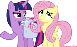 Size: 4774x2899 | Tagged: safe, artist:ironm17, derpibooru import, fluttershy, twilight sparkle, twilight sparkle (alicorn), alicorn, pegasus, pony, growing up is hard to do, annoyed, bag, duo, female, mare, saddle bag, simple background, transparent background, vector