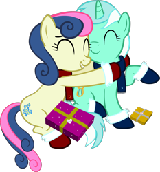 Size: 3761x4029 | Tagged: safe, artist:ironm17, derpibooru import, bon bon, lyra heartstrings, sweetie drops, earth pony, pony, unicorn, trade ya, clothes, duo, duo female, eyes closed, female, gritted teeth, hug, mittens, present, scarf, simple background, transparent background, vector