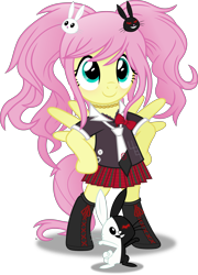 Size: 4016x5593 | Tagged: safe, artist:anime-equestria, derpibooru import, angel bunny, fluttershy, pegasus, pony, rabbit, alternate hairstyle, bipedal, boots, bow, clothes, crossover, cute, danganronpa, female, hairpin, jewelry, junko enoshima, mare, monokuma, necklace, necktie, pigtails, shirt, shoes, shyabetes, simple background, skirt, smiling, solo, standing, transparent background, vector, wings