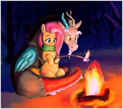 Size: 1520x1340 | Tagged: safe, artist:dummyhorse, derpibooru import, discord, fluttershy, draconequus, pegasus, pony, campfire, clothes, cute, duo, female, fire, folded wings, food, friendship, hoof hold, hooves to the chest, looking at something, male, mare, marshmallow, outdoors, scarf, sitting, smiling, stick, tree, wings
