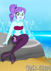 Size: 1288x1788 | Tagged: safe, artist:cyber-murph, derpibooru import, crystal lullaby, mermaid, equestria girls, friendship games, background human, belly, belly button, bra, clothes, crystal prep shadowbolts, cute, midriff, ponytail, rock, scales, sitting, tube top, underwear