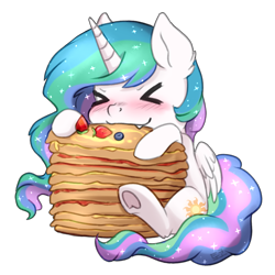 Size: 826x826 | Tagged: safe, artist:tokokami, derpibooru import, princess celestia, alicorn, pony, ><, blueberry, blushing, chibi, cute, cute little fangs, cutelestia, ear fluff, ears, eating, eyes closed, fangs, female, food, mare, pancakes, simple background, sitting, solo, strawberry, transparent background