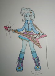 Size: 1463x2048 | Tagged: safe, artist:daisymane, derpibooru import, trixie, equestria girls, clothes, electric guitar, guitar, looking at you, musical instrument, shoes, smiling, solo, traditional art