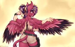 Size: 3338x2094 | Tagged: safe, artist:drizziedoodles, derpibooru import, oc, oc only, oc:oxide, anthro, original species, ass, belt, butt, claws, clothes, female, flexing, grin, gun, handgun, holster, leonine tail, muscles, muscular female, ponytail, revolver, shorts, smiling, solo, talons, tanktop, watch, weapon, wings