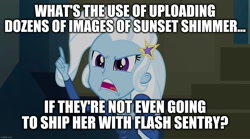 Size: 1280x714 | Tagged: safe, derpibooru import, trixie, equestria girls, rainbow rocks, image macro, implied flash sentry, implied flashimmer, implied shipping, implied straight, implied sunset shimmer, meme, shipper on deck, trixie yells at everything