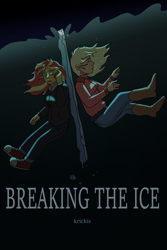 Size: 3600x5400 | Tagged: safe, artist:applejackofalltrades, derpibooru import, applejack, sunset shimmer, fanfic:breaking the ice, series:who we become, equestria girls, converse, cover art, fanfic, fanfic art, fanfic cover, ice, shoes, underwater, water