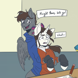 Size: 1048x1048 | Tagged: safe, artist:cluadiacloud, derpibooru import, oc, oc only, oc:artfulcord, oc:cluadia, pegasus, unicorn, comic:fear of heights, amputee, clothes, confused, dialogue, drawing, female, lifting, male, mare, prosthetic leg, prosthetic limb, prosthetics, sikan pegasus, simple background, stallion