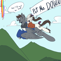 Size: 1048x1048 | Tagged: safe, artist:cluadiacloud, derpibooru import, oc, oc only, oc:artfulcord, oc:cluadia, pegasus, unicorn, comic:fear of heights, amputee, background, clothes, dialogue, drawing, female, flying, lying down, male, mare, on back, prosthetic leg, prosthetic limb, prosthetics, scared, sikan pegasus, size difference, stallion