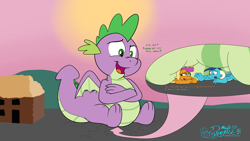 Size: 3840x2160 | Tagged: safe, artist:rupertbluefox, derpibooru import, princess ember, smolder, spike, dragon, 4k, belly, butt crush, curved horn, cute, dragon sitting on dragons, ground, horn, macro, macro/micro, micro, pinned, signature, simple background, sitting, spikabetes, squished, squishy, under the belly, winged spike