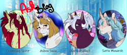 Size: 2800x1210 | Tagged: safe, artist:theblackcatstale, derpibooru import, oc, oc:ashen snow, oc:charred spinel, oc:satin monarch, oc:trembling spirit, unicorn, ask, colorful, finished, horn, tumblr, unicorn oc, were-pony