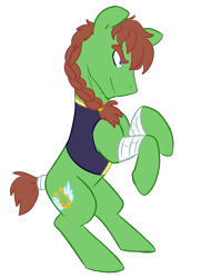 Size: 2765x3816 | Tagged: safe, artist:chub-wub, derpibooru import, oc, oc only, oc:swift stride, earth pony, pony, bandage, braid, braided ponytail, clothes, earth pony oc, high res, male, rearing, simple background, smiling, smirk, solo, stallion, tail wrap, transparent background, vest