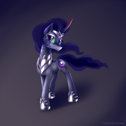 Size: 4000x4000 | Tagged: safe, artist:zoarvek, derpibooru import, king sombra, princess luna, unicorn, ambiguous gender, crown, cutie mark, ethereal mane, fusion, green sclera, horseshoes, jewelry, peytral, regalia, simple background, solo, sombra horn, starry mane