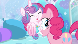 Size: 1366x768 | Tagged: safe, screencap, pinkie pie, princess flurry heart, alicorn, earth pony, pony, the crystal empire, the crystalling, baby, baby pony, bedroom, diaper, duo, eye scream, eyes closed, female, filly, horn, mare, open mouth, pink coat, pink mane, pink tail, pink wings, smiling, squeezing, squishy, touching face, wings