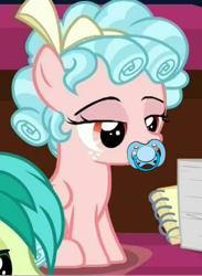 Size: 376x514 | Tagged: safe, derpibooru import, edit, edited screencap, screencap, cozy glow, sandbar, pegasus, pony, what lies beneath, bow, cropped, female, filly, foal, hair bow, lidded eyes, pacifier, pure concentrated unfiltered evil of the utmost potency, pure unfiltered evil, ringlets, solo, solo focus, wat