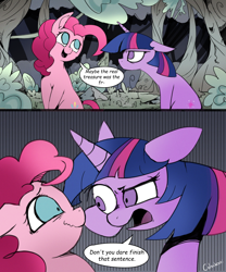 Size: 2950x3546 | Tagged: safe, artist:colochenni, derpibooru import, pinkie pie, twilight sparkle, unicorn twilight, earth pony, pony, unicorn, comic, dialogue, drawthread, female, forest, mare, out of character, scrunchy face