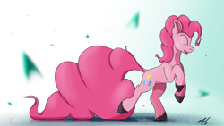 Size: 3840x2160 | Tagged: safe, artist:tenebrisnoctus, derpibooru import, pinkie pie, earth pony, pony, eyes closed, female, happy, long tail, mare, petals, profile, puddle, reflection, signature, solo, unshorn fetlocks