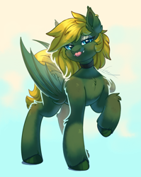 Size: 2096x2633 | Tagged: safe, artist:peachmayflower, derpibooru import, oc, oc:midnight lightning, bat pony, pony, bat pony oc, bat wings, blepping, blue eyes, choker, commission, ear piercing, earring, eyeshadow, fangs, female, jewelry, lidded eyes, looking at you, makeup, mare, piercing, smiling, standing, tongue out, wings