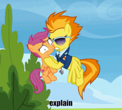 Size: 513x463 | Tagged: safe, derpibooru import, edit, edited screencap, screencap, scootaloo, spitfire, pegasus, pony, the washouts (episode), animated, basically i'm very smol, clothes, cropped, duo, female, filly, flying, foal, gif, holding a pony, loop, mare, scootabuse, shaking, shrunken pupils, size difference, sunglasses, text edit, uniform, wonderbolts dress uniform