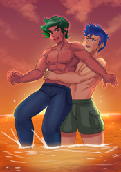 Size: 800x1143 | Tagged: safe, artist:tzc, derpibooru import, flash sentry, timber spruce, equestria girls, anime, beach, clothes, commission, duo, duo male, male, pants, partial nudity, sunset, topless, water