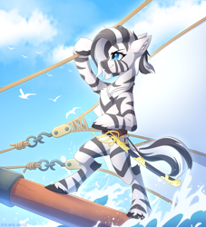 Size: 1926x2125 | Tagged: safe, artist:strafe blitz, derpibooru import, oc, oc only, oc:lasari, zebra, belt, bipedal, female, mare, rigging, saber, sail, sailship, scabbard, ship, smiling, sword, weapon, zebra oc