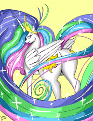 Size: 2975x3850 | Tagged: safe, artist:snake-em, derpibooru import, princess celestia, alicorn, pony, friendship is magic, butt, looking back, simple background, sparkles, sunbutt