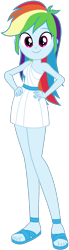 Size: 370x1350 | Tagged: safe, artist:knightoftheraven, derpibooru import, rainbow dash, human, equestria girls, bare shoulders, belt, clothes, colored, cute, dashabetes, dress, feet, female, flat colors, greek clothing, hands on hip, inkscape, looking at you, sandals, short dress, show accurate, simple background, sleeveless, sleeveless dress, smiling, smiling at you, solo, standing, transparent background, vector