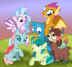 Size: 927x861 | Tagged: safe, artist:beesmeliss, derpibooru import, gallus, ocellus, sandbar, silverstream, smolder, yona, changeling, classical hippogriff, dragon, earth pony, griffon, hippogriff, pony, yak, cute, female, looking at each other, male, mane six opening poses, smiling, student six